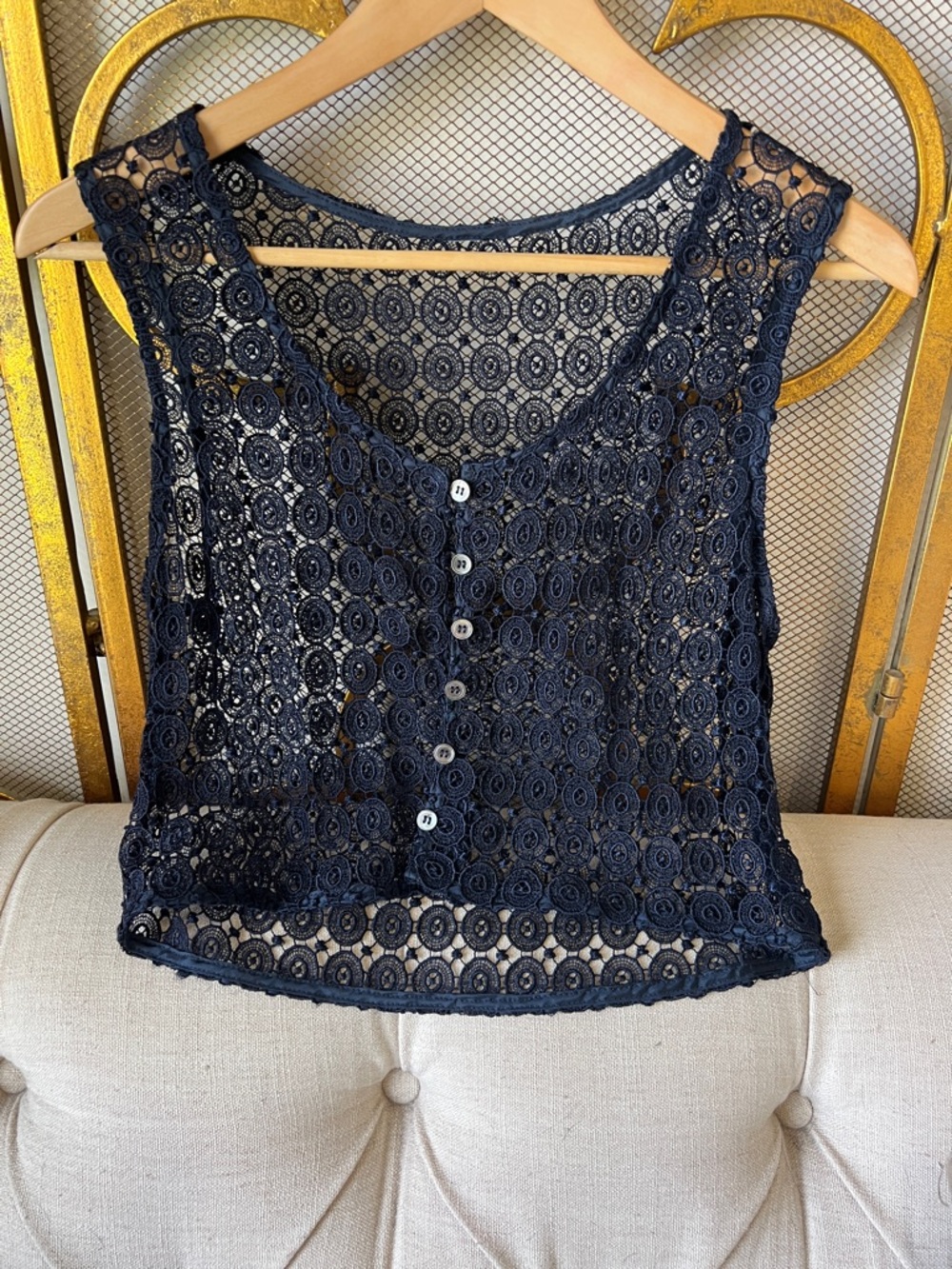 Navy Button-Front Lace Tank